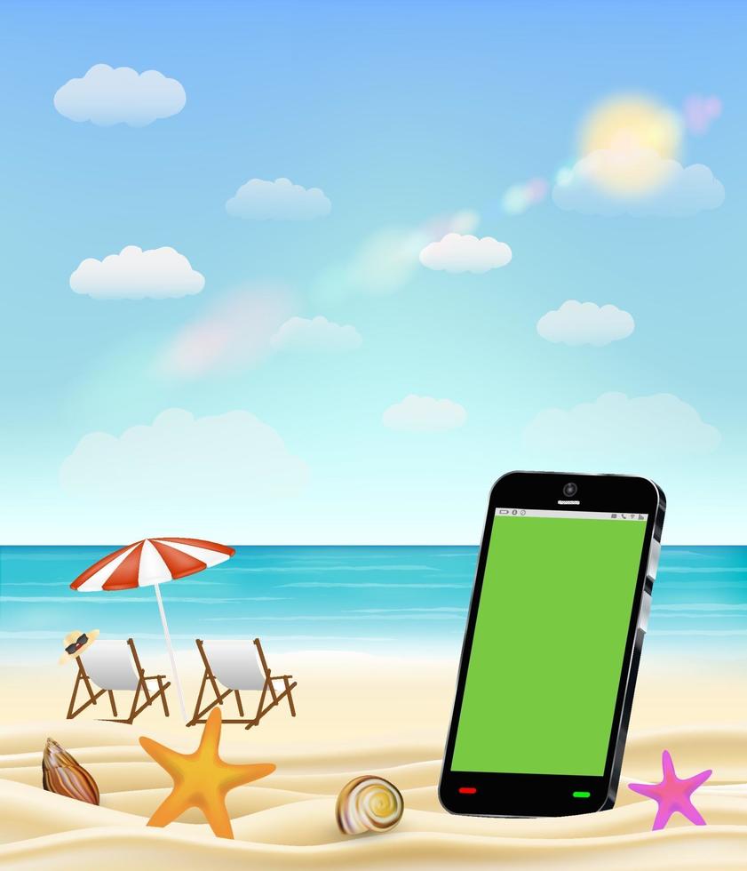 tela em branco do smartphone em uma praia de areia do mar com conchas, estrelas do mar e cadeira de praia vetor