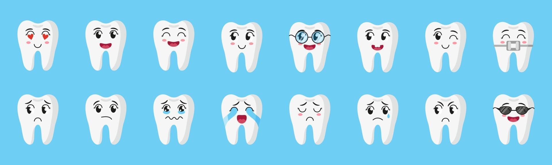 vector cartoon conjunto de personagens fofinhos de dentes com emoções diferentes feliz, triste, chorando, alegre, sorrindo, rindo