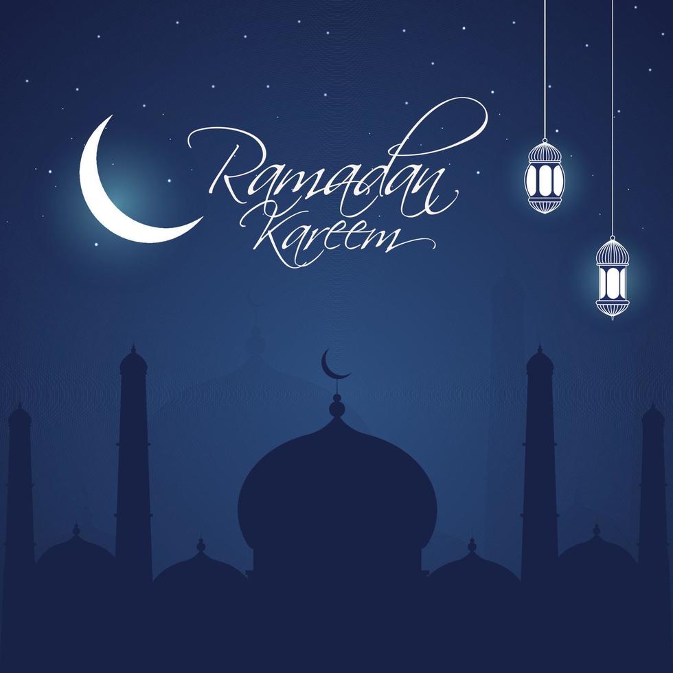 islâmico piedosos mês do Ramadã kareem noite conceito com suspensão lanternas, mesquita e cresente lua luz em azul fundo. vetor