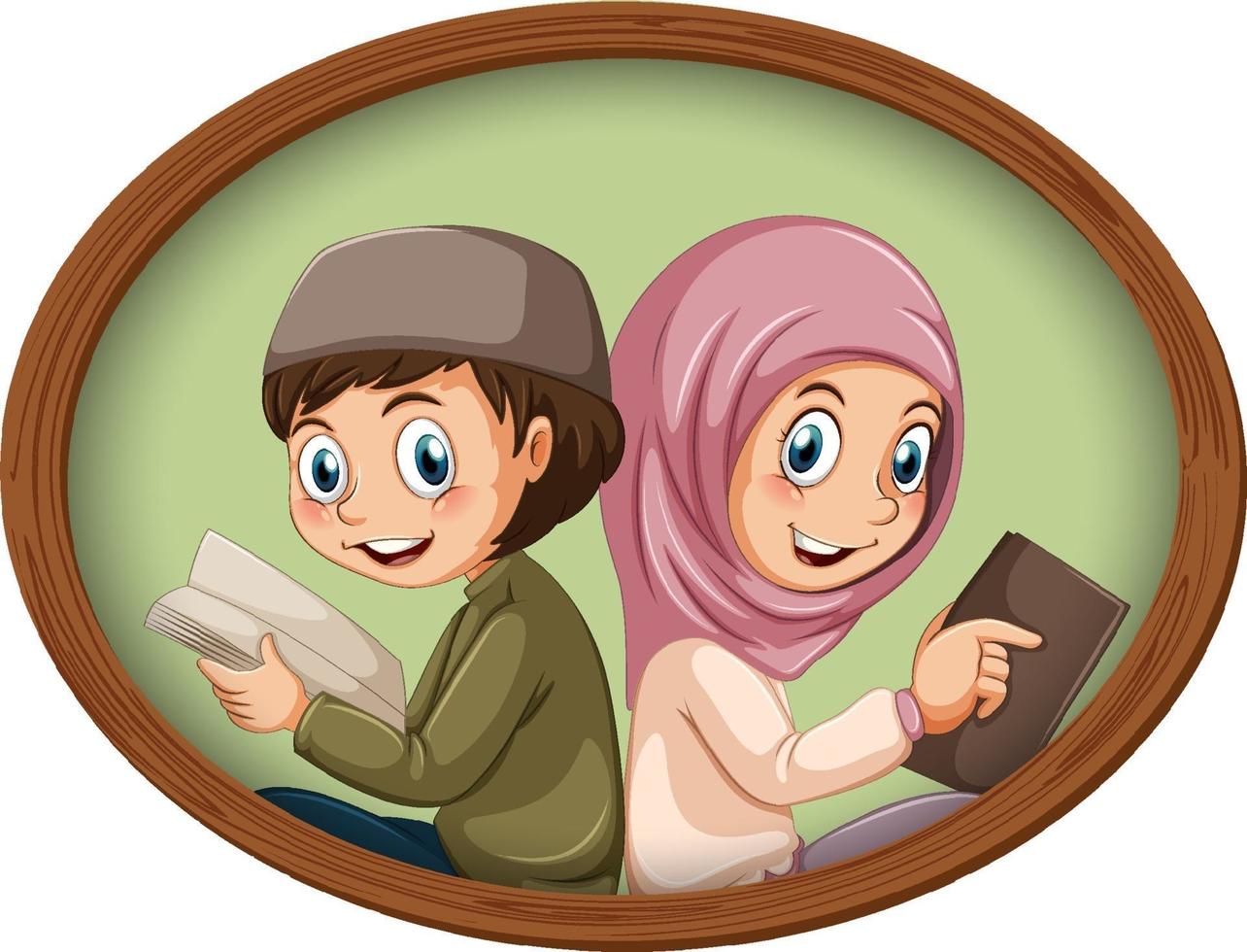 Foto de menino e menina muçulmanos fofos em moldura de madeira vetor
