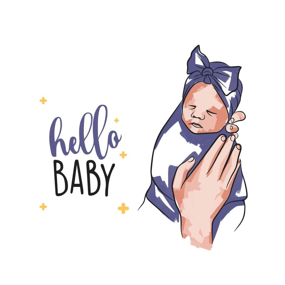 moda cartão para recém-nascidos, bebê menina dentro mãos, Olá bebê, dentro rabisco vetor