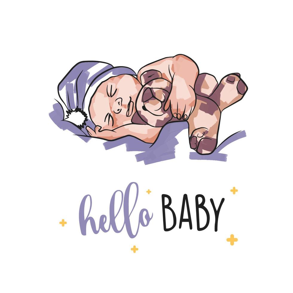 bebê queda adormecido cartão com brinquedo, recém-nascido dentro rabisco estilo, Olá bebê vetor