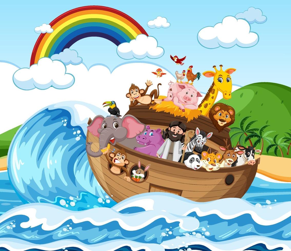 arca de noé com animais na cena do oceano vetor