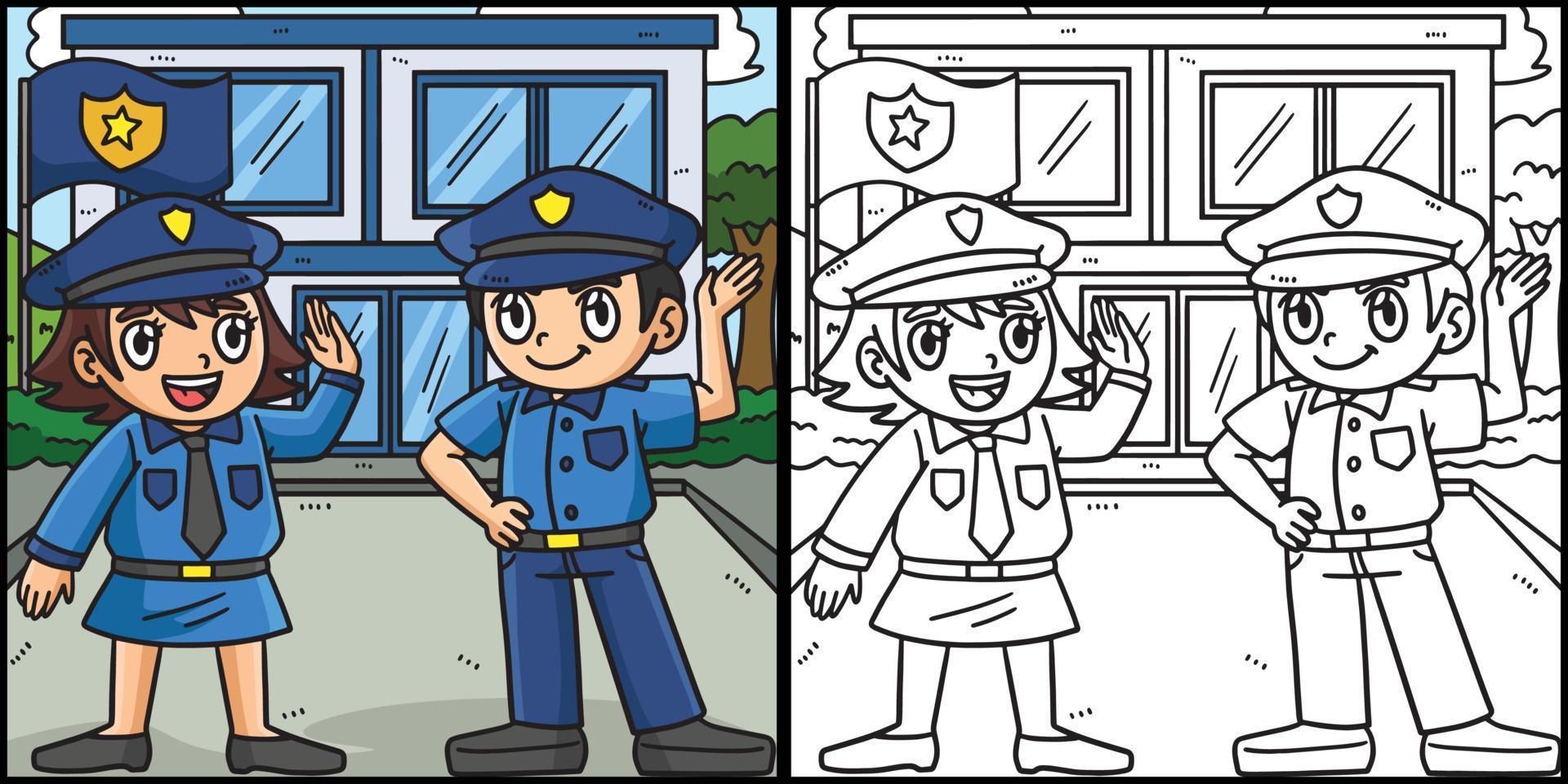 polícia oficiais falando coloração página ilustração vetor