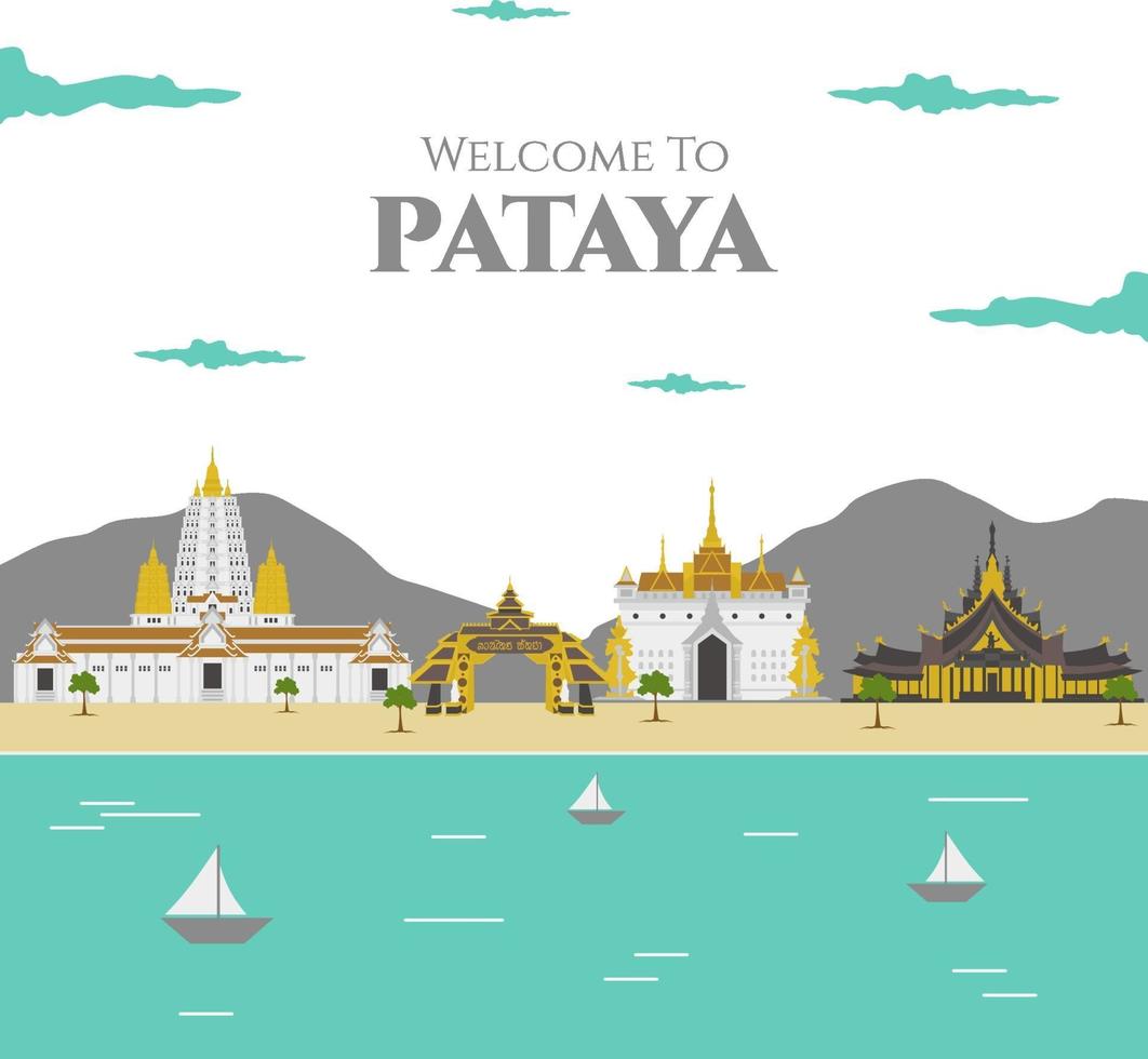 bem-vindo a Pattaya. Marco famoso edifício da Tailândia com bela vista. recomendo para todos os visitantes. modelo de folheto de publicidade. viajar para a Ásia. ilustração colorida do vetor em estilo simples.