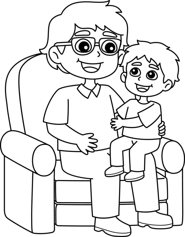 filho sentado em pais colo isolado coloração página vetor