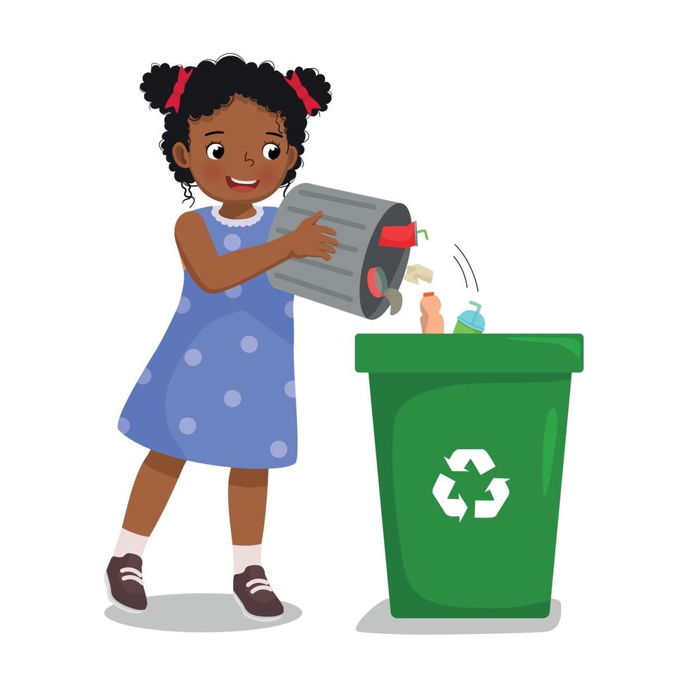 fofa pequeno africano menina levando Fora a Lixo para dentro reciclando bin fazendo diariamente rotina tarefas domésticas tarefas às casa vetor