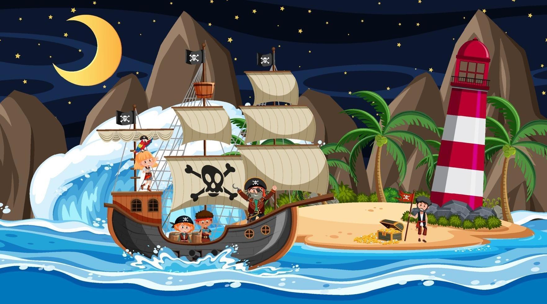 praia com navio pirata em cena noturna em estilo cartoon vetor