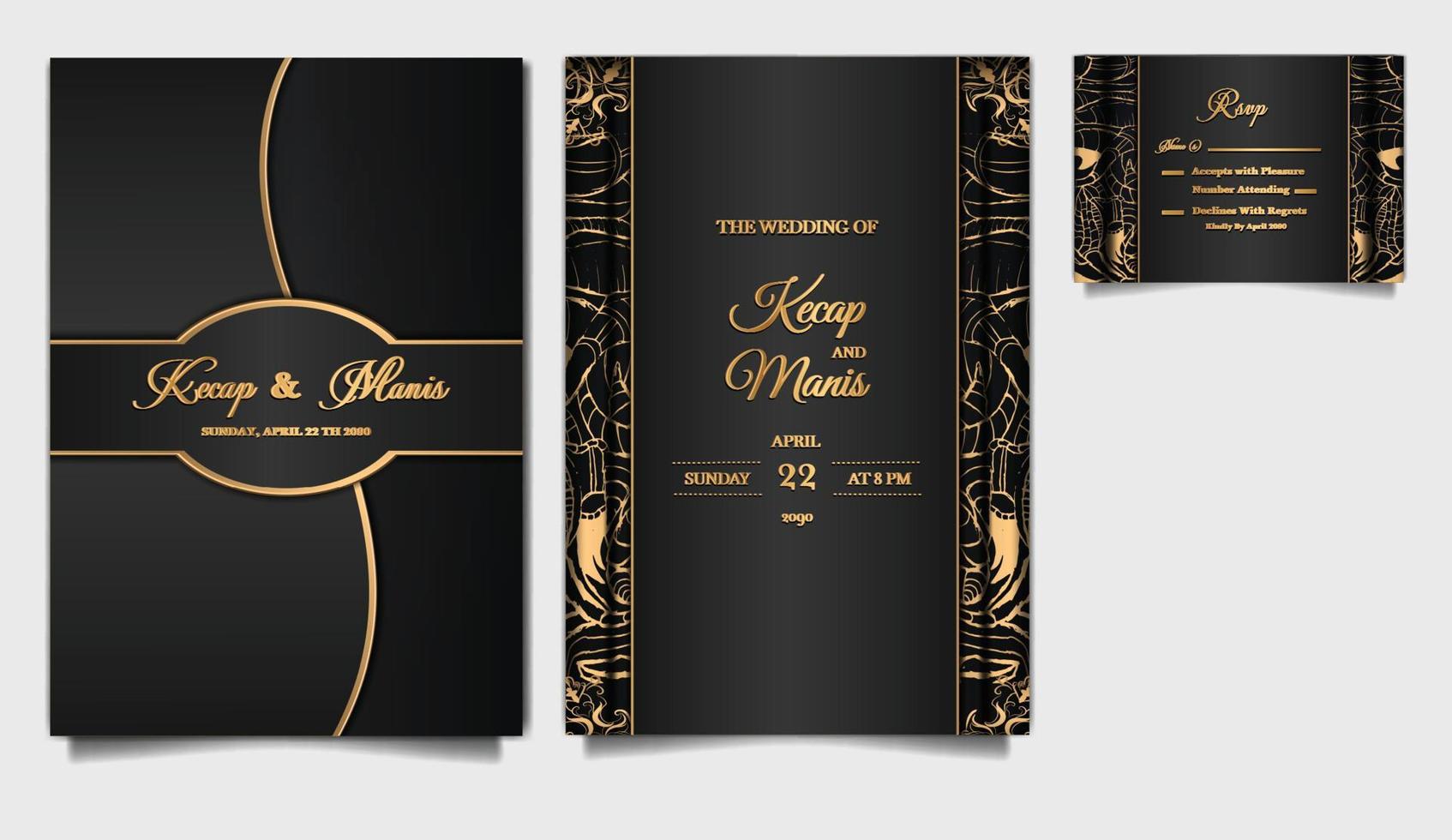 conjunto de design de cartão de convite de casamento de luxo vetor
