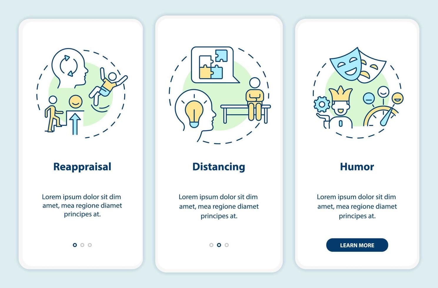 cognitivo mudança onboarding Móvel aplicativo tela. emocional regulamento passo a passo 3 passos editável gráfico instruções com linear conceitos. interface do usuário, ux, gui modelo vetor