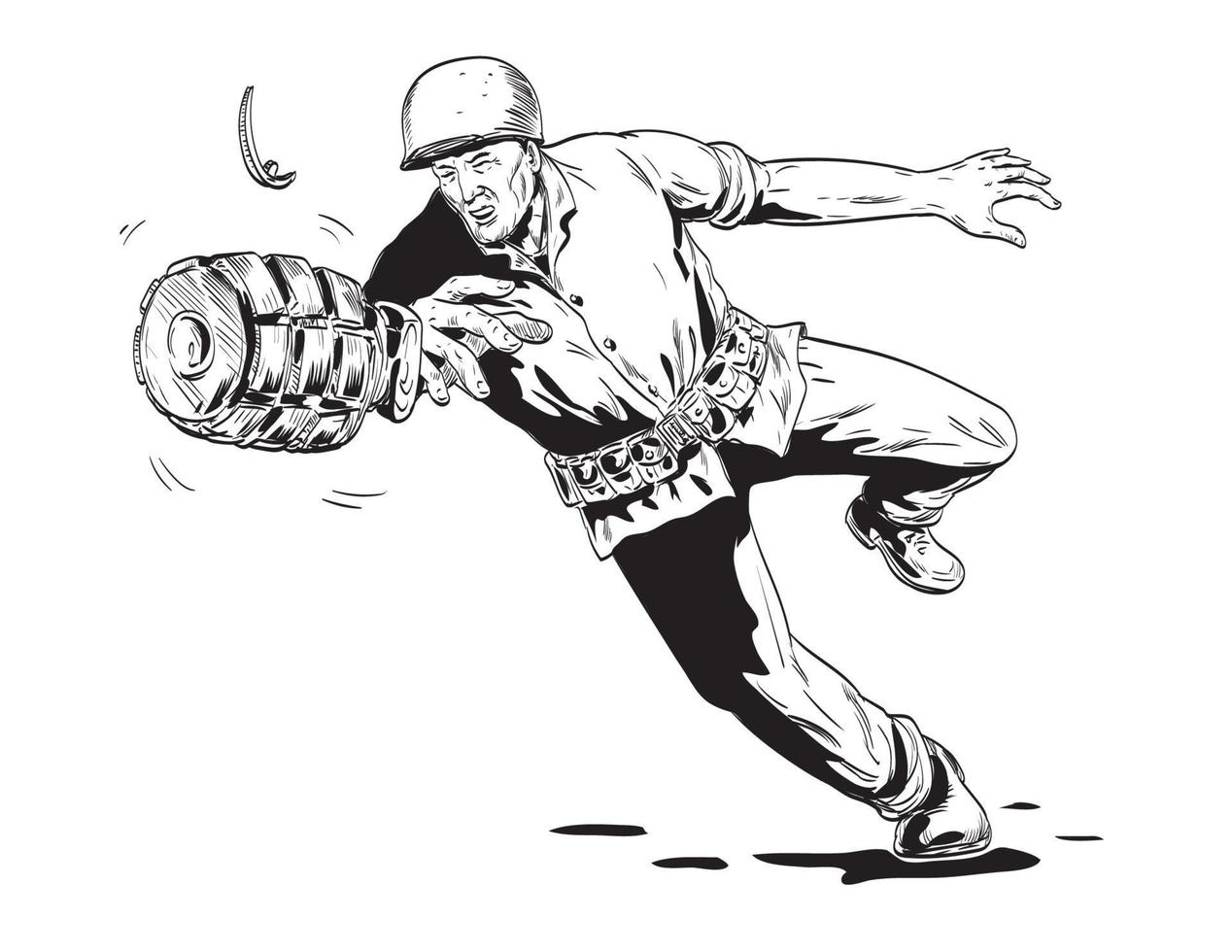 mundo guerra dois americano gi soldado jogando mão Grenade frente Visão histórias em quadrinhos estilo desenhando vetor