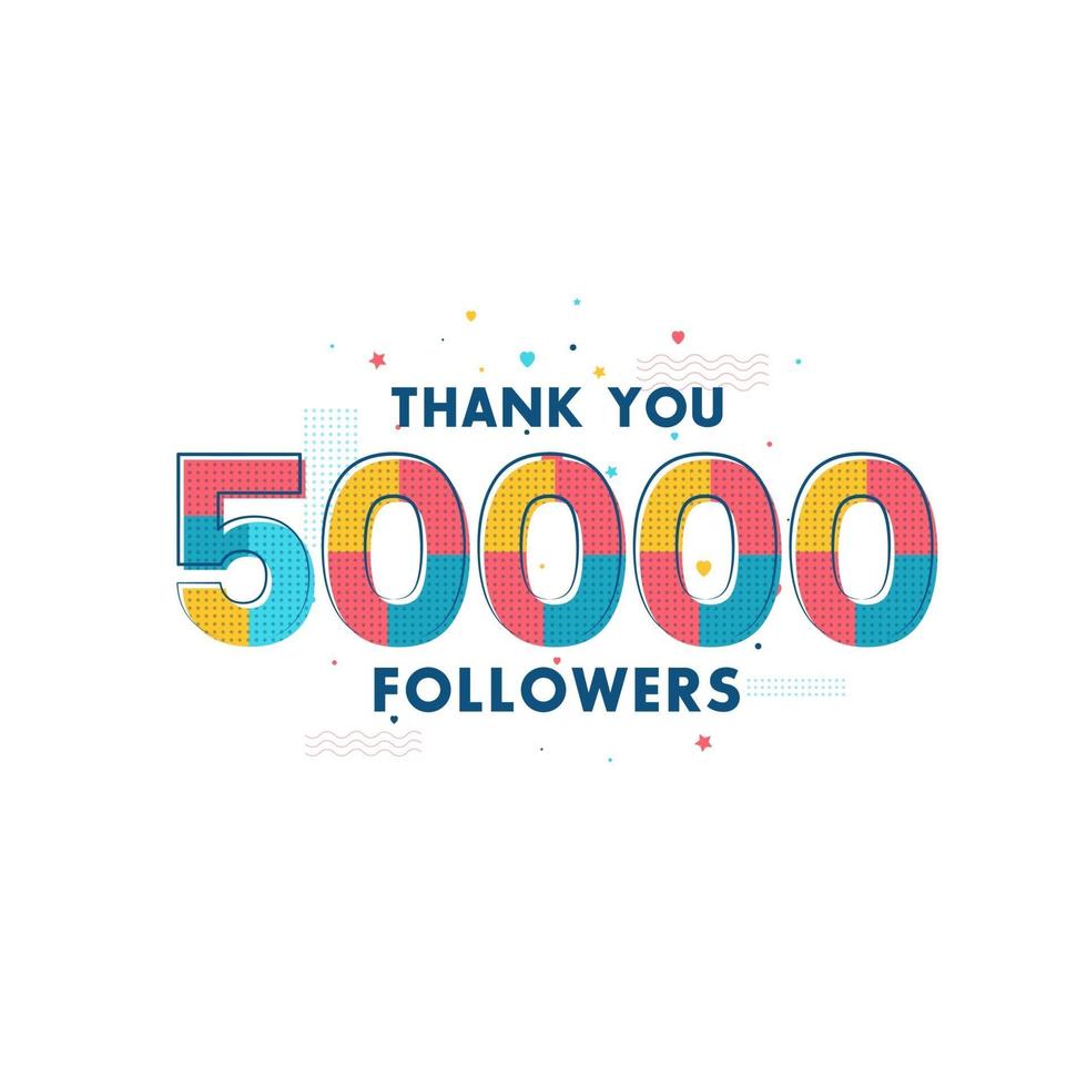 obrigado celebração de 50000 seguidores, cartão de felicitações para 50 mil seguidores sociais. vetor