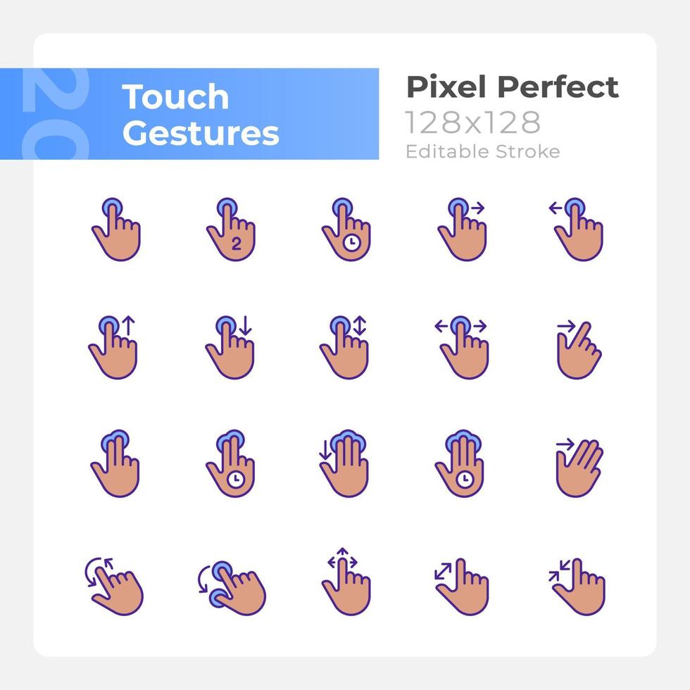 toque ao controle gestos pixel perfeito rgb cor ícones definir. tela sensível ao toque. isolado vetor ilustrações. simples preenchidas linha desenhos coleção. editável acidente vascular encefálico