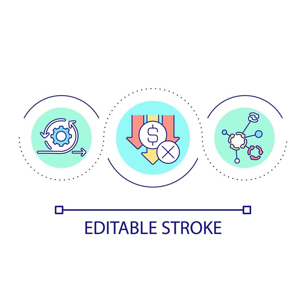 descentralizado blockchain rede ciclo conceito ícone. reduzir moeda taxa caindo. tecnologia abstrato idéia fino linha ilustração. isolado esboço desenho. editável acidente vascular encefálico vetor