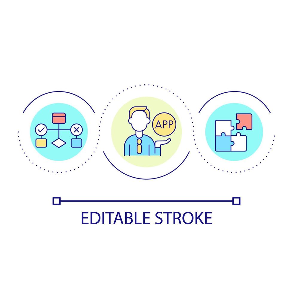 apps desenvolvimento ciclo conceito ícone. artificial inteligência para decisão fazendo. digitalização abstrato idéia fino linha ilustração. isolado esboço desenho. editável acidente vascular encefálico vetor