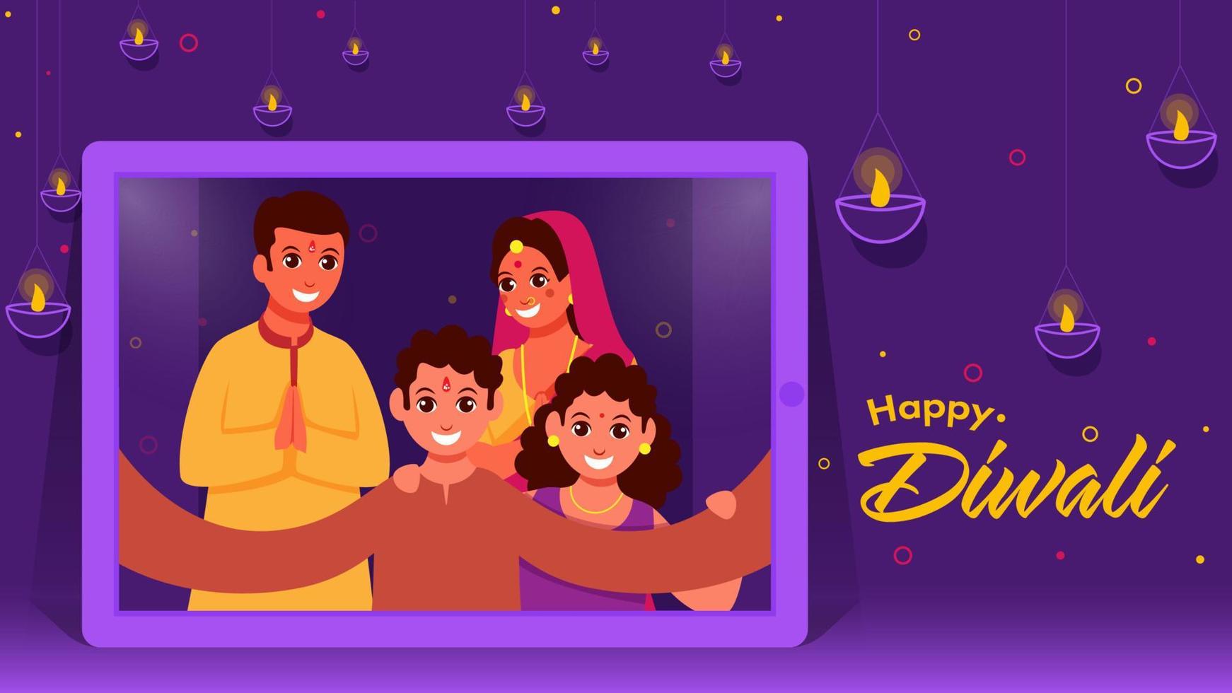 alegre indiano família levando selfie juntos a partir de Smartphone e aceso óleo lâmpadas decorado roxa fundo para feliz diwali. vetor