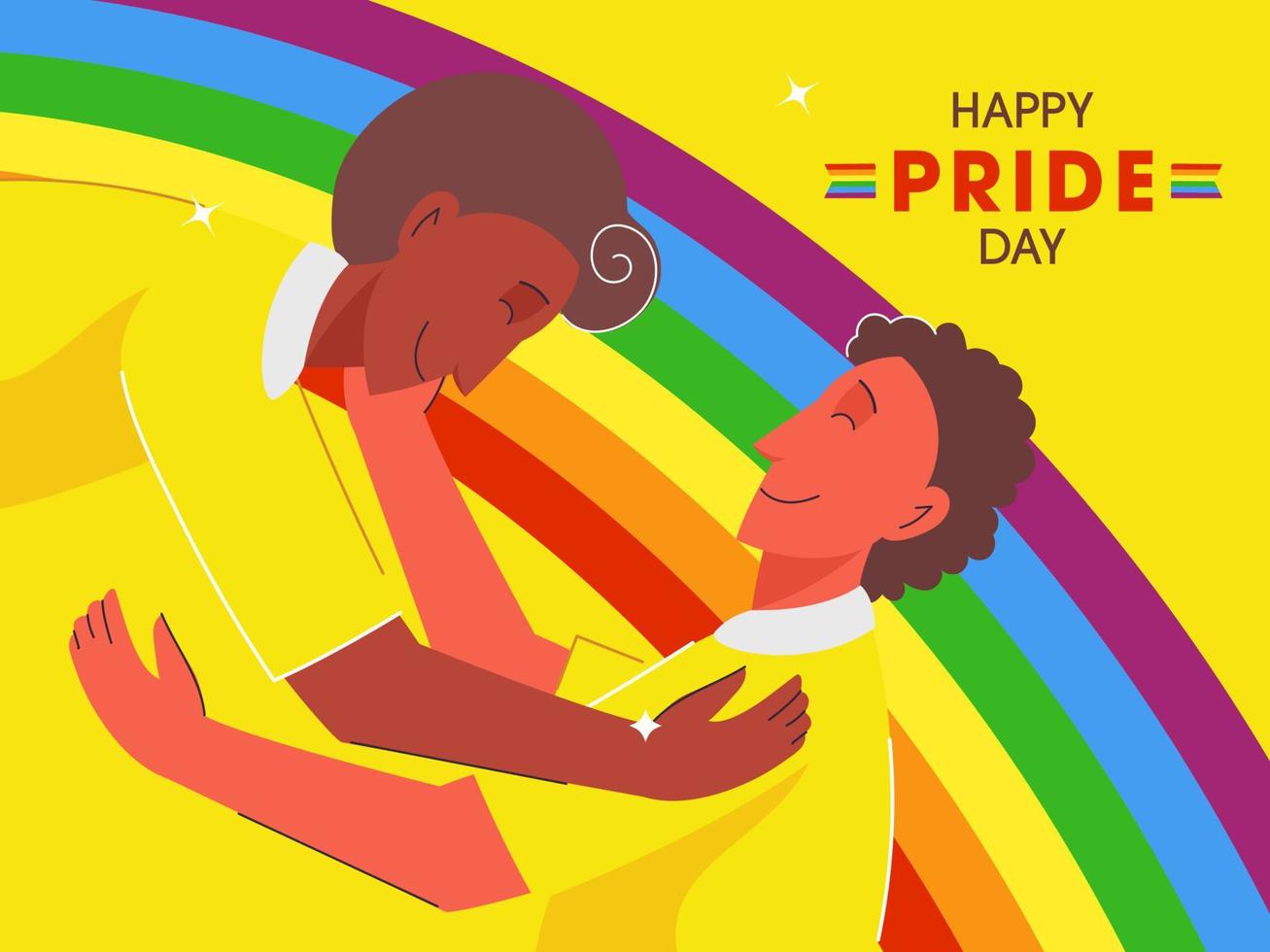 feliz orgulho dia vetor ilustração com jovem gay casal abraço para cada de outros em arco Iris cor fundo.