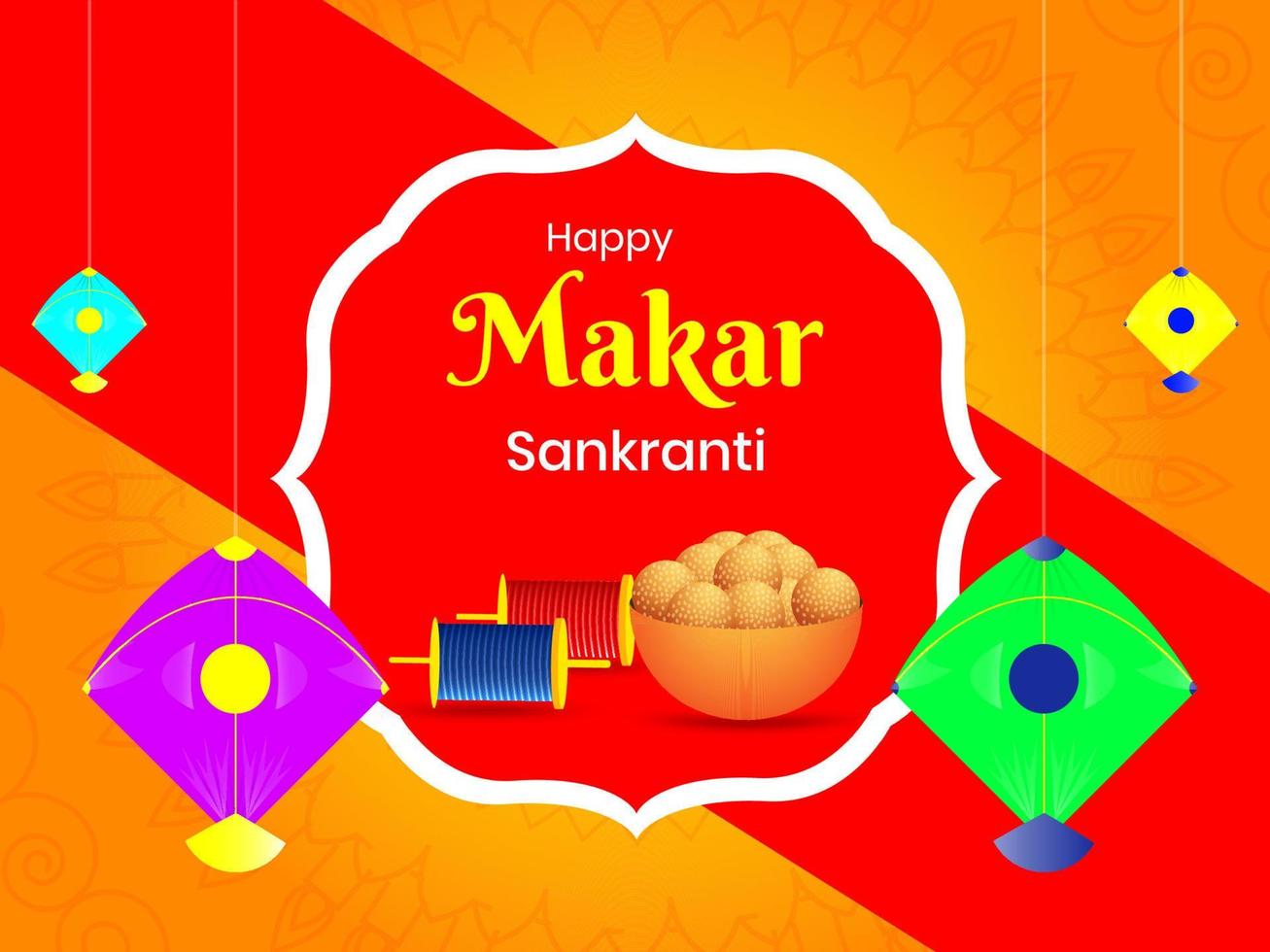 feliz Makar Sankranti conceito com indiano doce tigela, corda carretéis, suspensão pipas em laranja e vermelho fundo. vetor