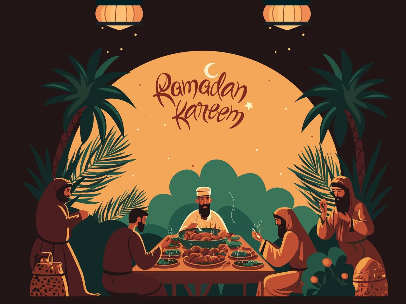 Ramadã kareem celebração conceito com grupo do islâmico homens desfrutando delicioso refeições em noite Tempo natureza fundo. vetor