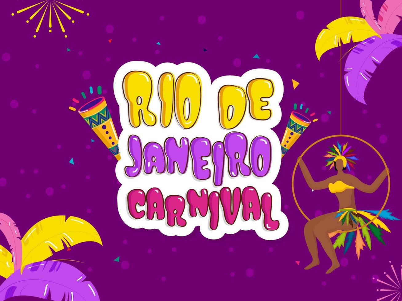 adesivo estilo rio de janeiro carnaval Fonte com sem rosto fêmea samba dançarino oscilante às roda em penas decorado roxa fundo. vetor