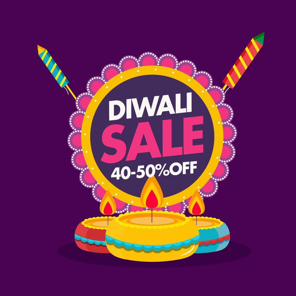 diwali venda poster Projeto com desconto oferecer, fogo de artifício foguetes e aceso óleo lâmpadas em roxa fundo. vetor