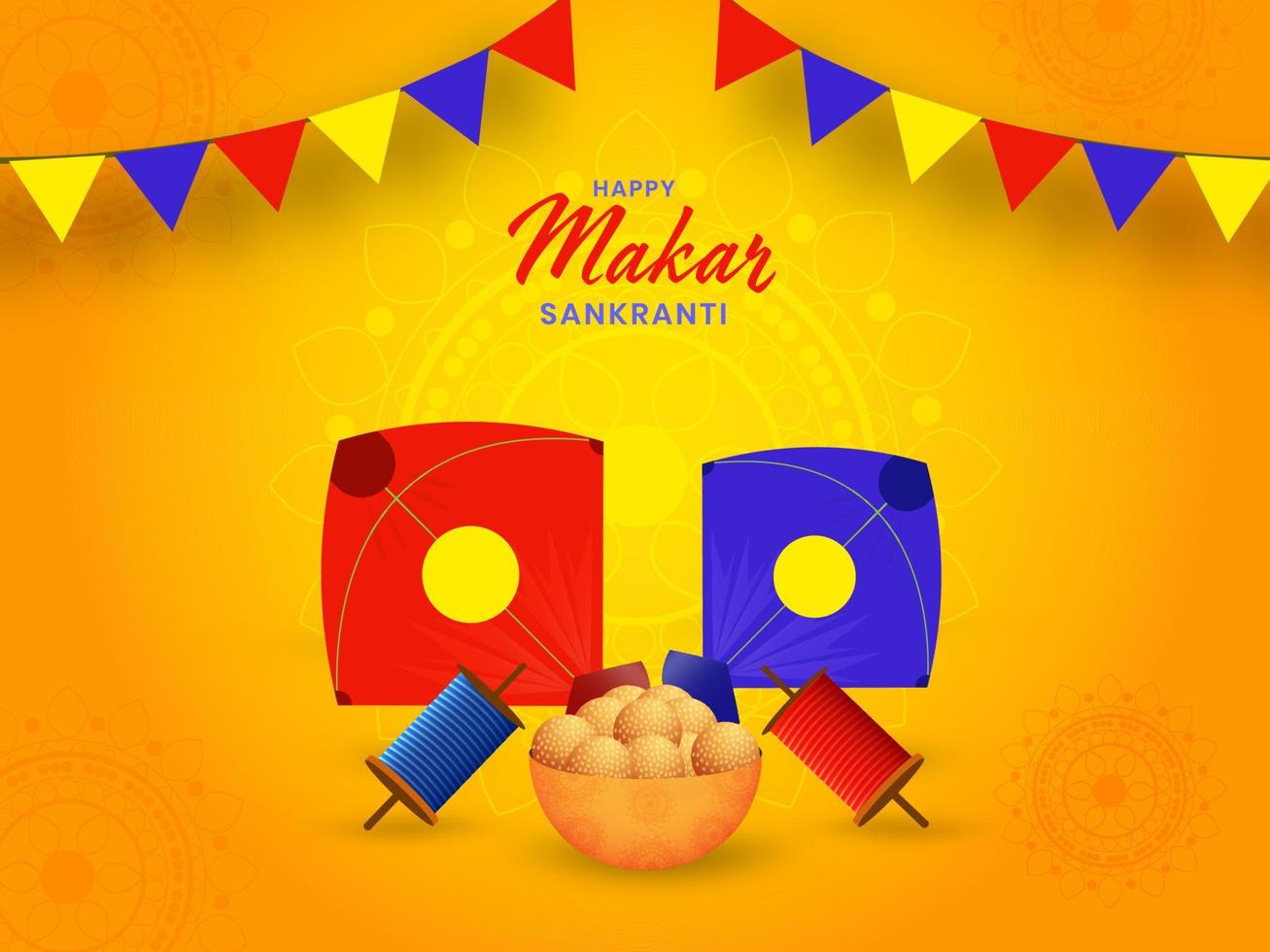 feliz Makar Sankranti poster Projeto com pipas, corda carretéis, indiano doce tigela em laranja mandala padronizar fundo. vetor