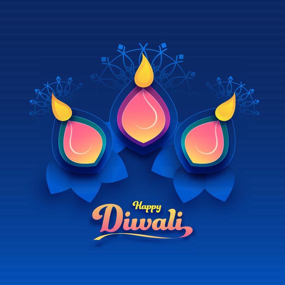 topo Visão do papel cortar aceso óleo lâmpadas em azul mandala fundo para feliz diwali celebração. vetor