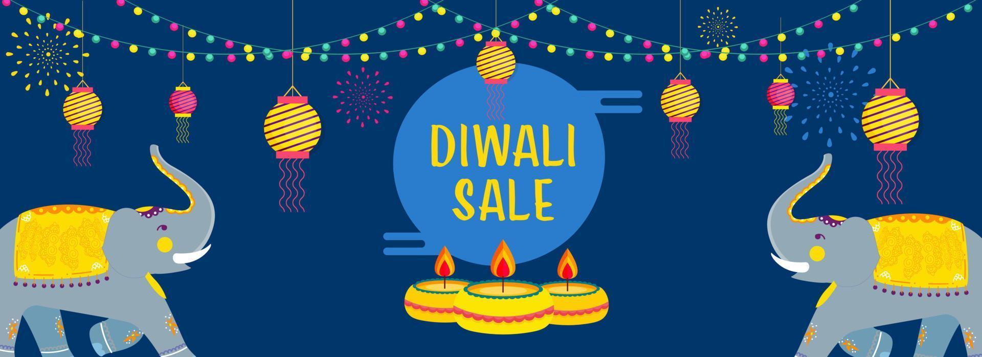 diwali venda cabeçalho ou bandeira Projeto com desenho animado dois elefantes, iluminado óleo lâmpadas, suspensão lanternas e iluminação festão decorado em azul fundo. vetor