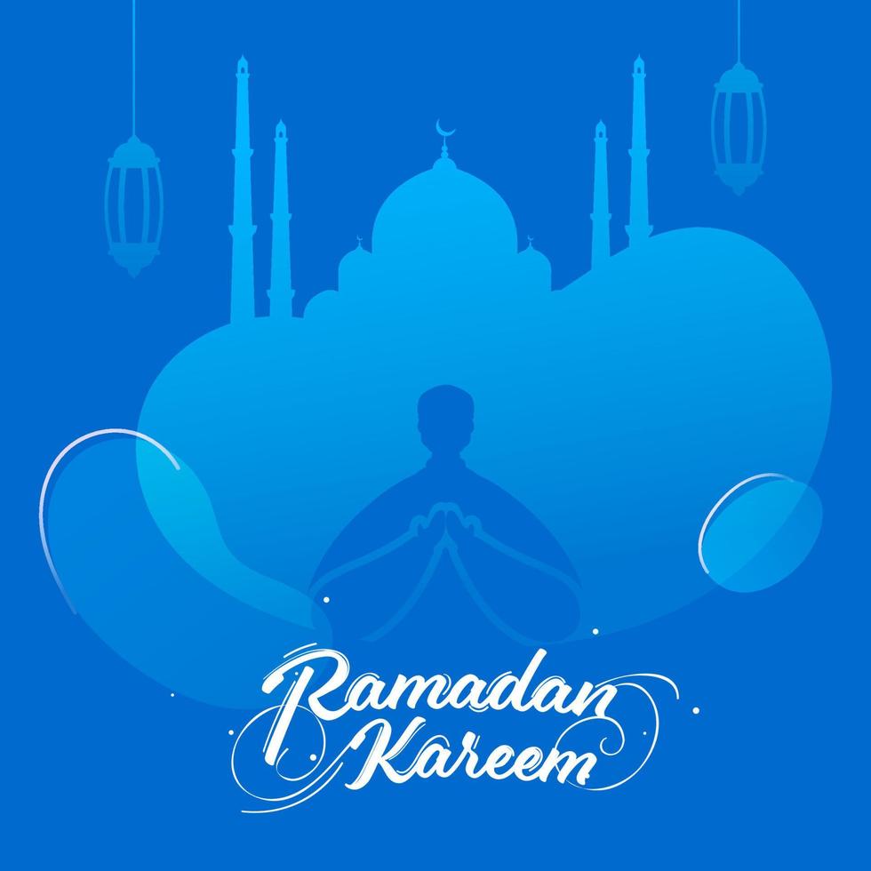 islâmico piedosos mês do Ramadã conceito com muçulmano homem silhueta oferta namaz, suspensão lanternas, mesquita em azul fundo. vetor
