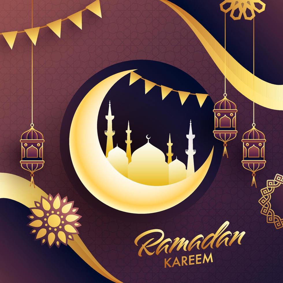 islâmico piedosos mês do Ramadã kareem conceito com dourado crescente lua, mesquita, estamenha bandeiras, suspensão lanternas. vetor