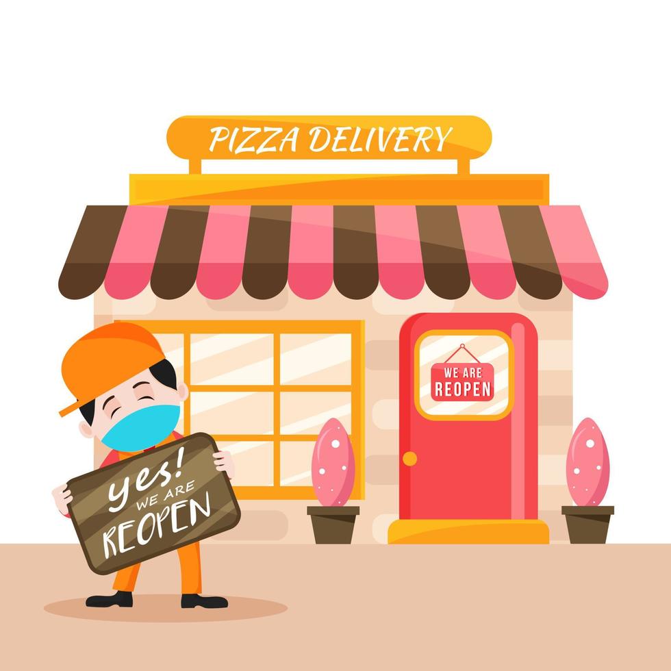 desenho animado Garoto segurando uma borda do sim nós estão reabrir com pizza Entrega fazer compras ilustração. vetor