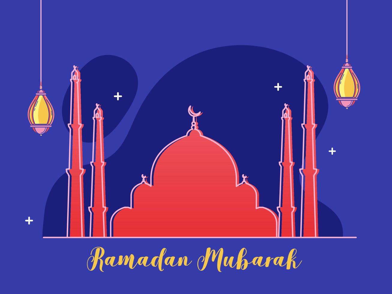 islâmico piedosos mês do Ramadã Mubarak com vermelho mesquita e suspensão lanternas em azul fundo. vetor