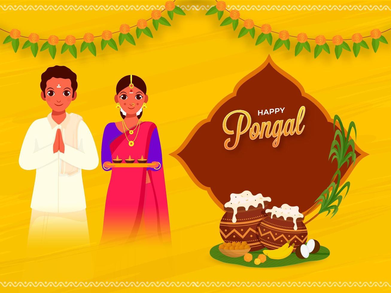 feliz pongal conceito com sul indiano casal cumprimenta, tradicional prato dentro lama potes, fruta, doce, cana de açúcar e Toran em amarelo fundo. vetor