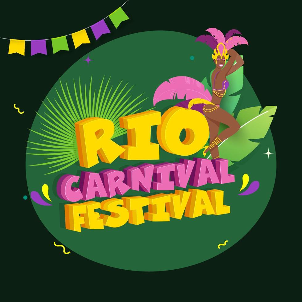 3d rio carnaval festival texto com fêmea samba dançarino personagem em verde fundo. vetor