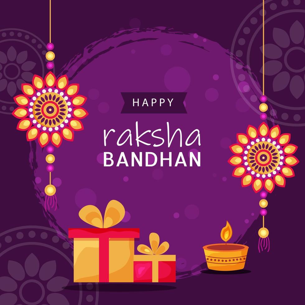 feliz raksha bandhan texto com decorativo floral rakhis, iluminado óleo luminária e presente caixas em roxa fundo. vetor