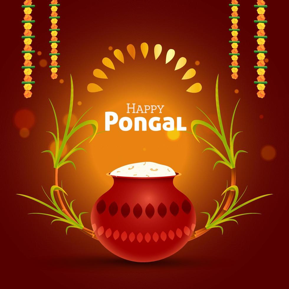 feliz pongal conceito com Pongali arroz dentro lama Panela, Canas de Açucar e flor festão em marrom fundo. vetor