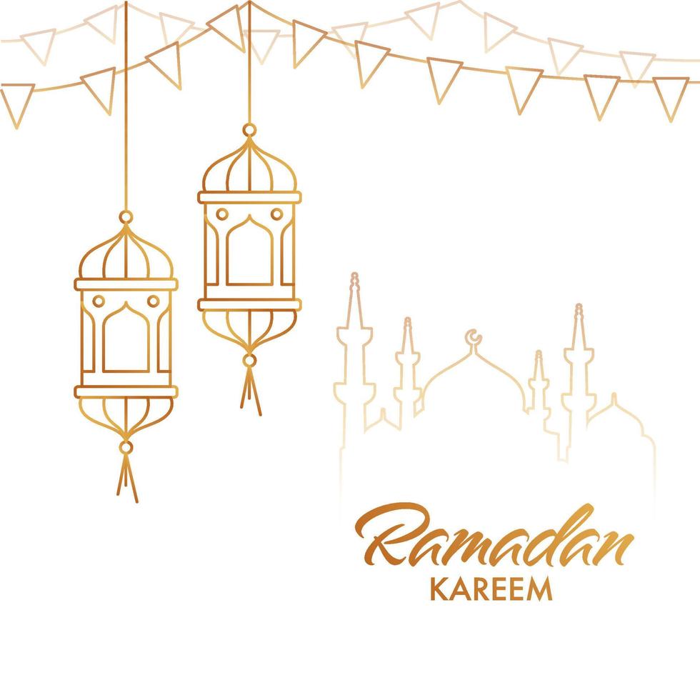 islâmico piedosos mês do Ramadã kareem com arte de linha estilo suspensão lanternas, estamenha bandeiras, e mesquita em branco background. vetor