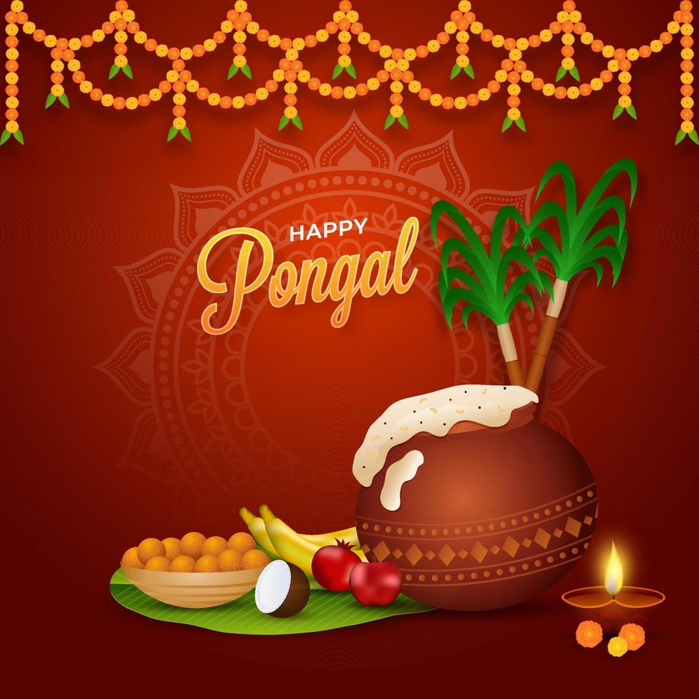 feliz pongal conceito com tradicional prato dentro lama Panela, fruta, doce tigela cana de açúcar e floral festão em vermelho fundo. vetor