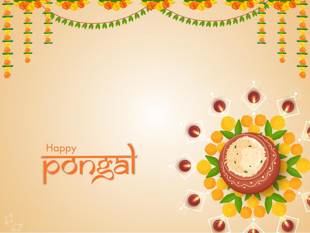 topo Visão do Pongali arroz lama Panela com aceso óleo lâmpadas e flor festão decorado lustroso fundo para feliz pongal. vetor