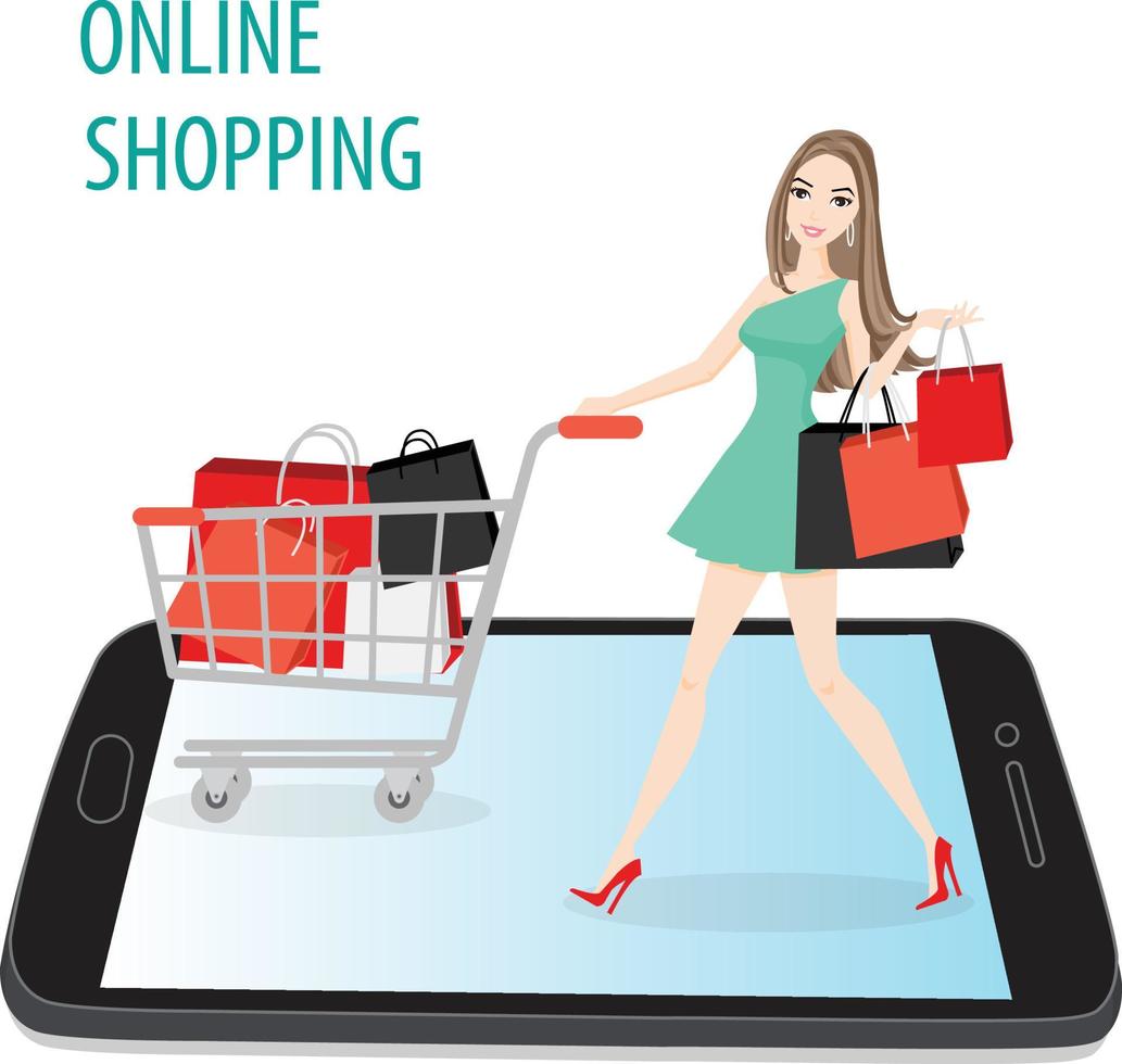 mulher compras on-line, empurrar compras carrinho e segurando compras bolsas, caminhando em Smartphone vetor em branco fundo.