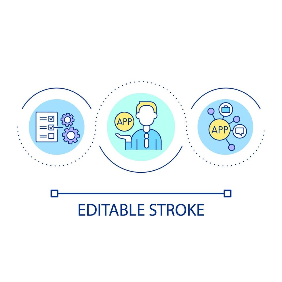 aplicativo para o negócio comunicação e planejamento ciclo conceito ícone. digital corporativo rede. tecnologia abstrato idéia fino linha ilustração. isolado esboço desenho. editável acidente vascular encefálico vetor
