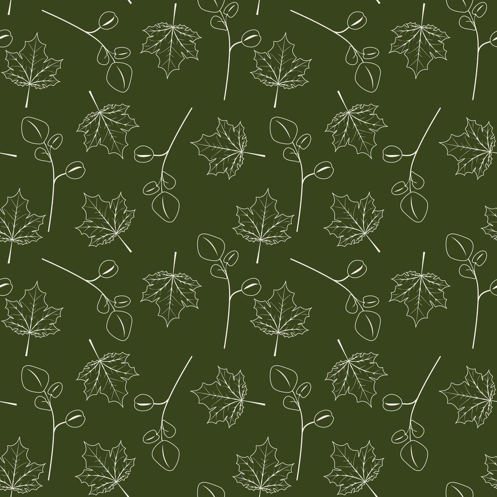 desatado verde padronizar com branco esboço bordo e eucalipto folhas. vetor