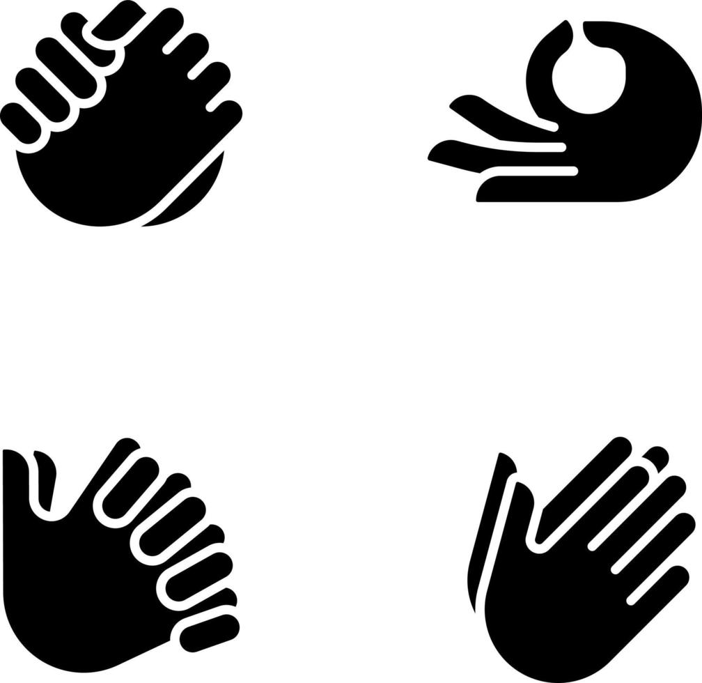 gestos comunicação processo Preto glifo ícones conjunto em branco espaço. mão sinais. expressão e cumprimento sinais. silhueta símbolos. sólido pictograma pacote. vetor isolado ilustração