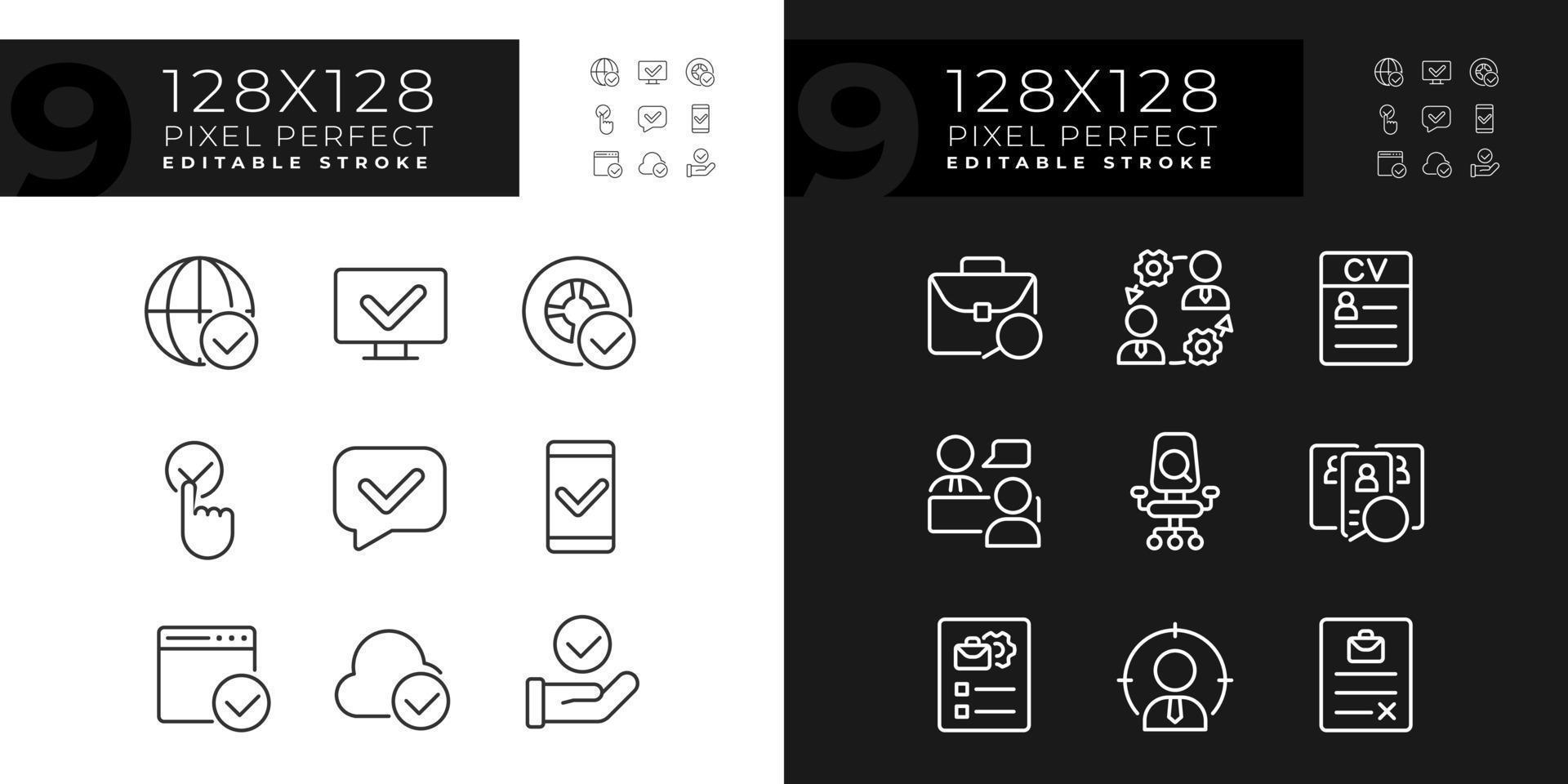 marcas de verificação dentro comunicação pixel perfeito linear ícones conjunto para escuro, luz modo. aprovação marcas dentro digital indústria. fino linha símbolos para noite, dia tema. isolado ilustrações. editável acidente vascular encefálico vetor