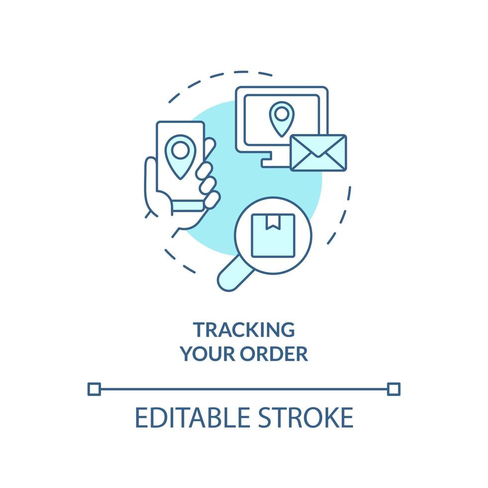 rastreamento seu ordem turquesa conceito ícone. distância parcela monitoramento abstrato idéia fino linha ilustração. isolado esboço desenho. editável acidente vascular encefálico vetor