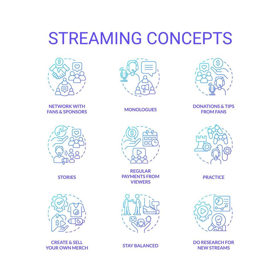 transmissão plataforma azul gradiente conceito ícones definir. cyber esporte flâmula. transmissão viver videos idéia fino linha cor ilustrações. isolado símbolos vetor