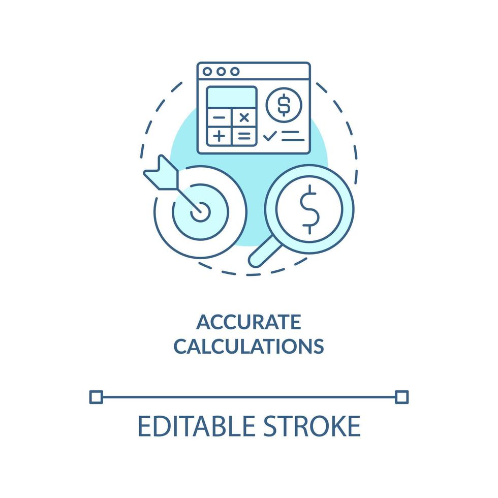 preciso cálculos turquesa conceito ícone. folha de pagamento gestão Programas benefício abstrato idéia fino linha ilustração. isolado esboço desenho. editável acidente vascular encefálico vetor