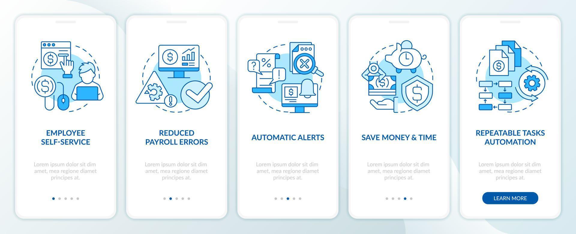 folha de pagamento em processamento Programas prós azul onboarding Móvel aplicativo tela. passo a passo 5 passos editável gráfico instruções com linear conceitos. interface do usuário, ux, gui modelo vetor