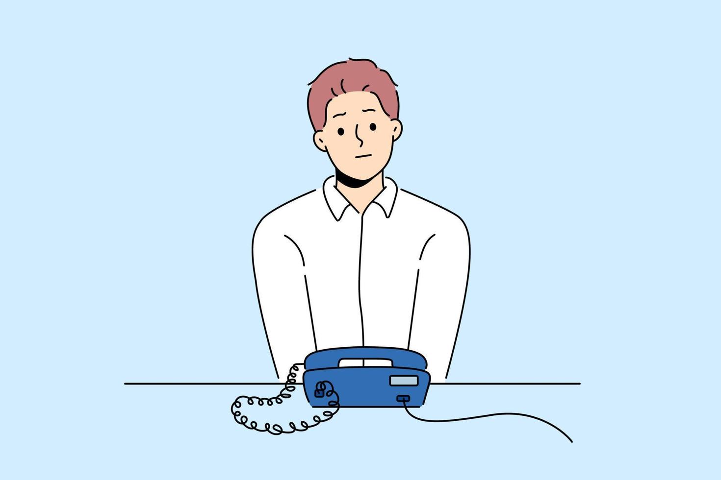 infeliz homem sentar às escrivaninha Veja às telefone fixo telefone esperando para alguém chamar. frustrado cara aguardando anel olhando às com fio Telefone. vetor ilustração.