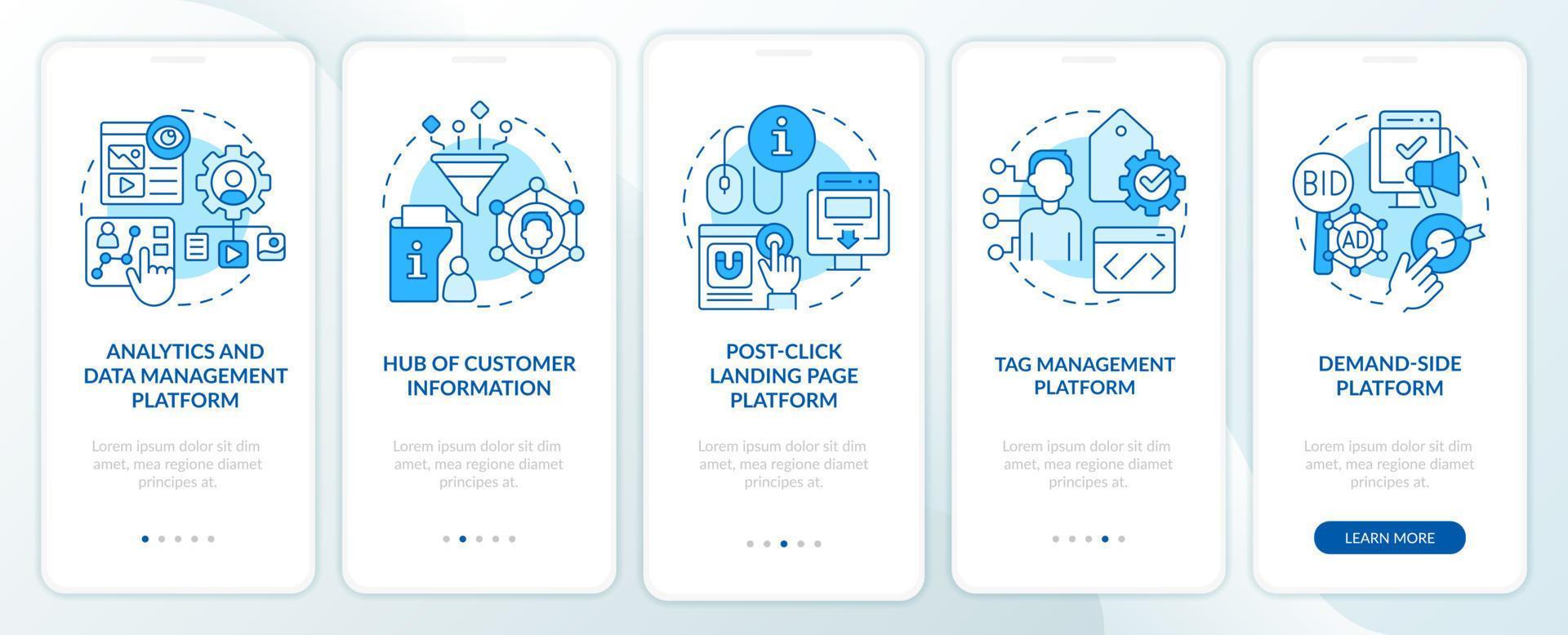 personalização marketing Ferramentas azul onboarding Móvel aplicativo tela. passo a passo 5 passos editável gráfico instruções com linear conceitos. interface do usuário, ux, gui modelo vetor